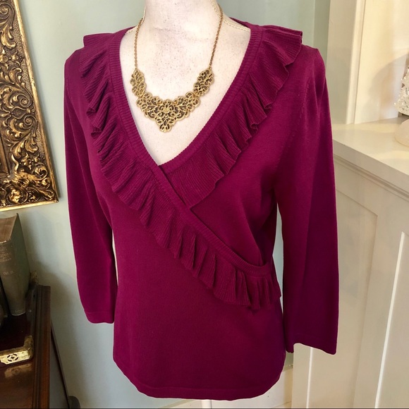 august silk Sweaters - August Silk Purple Ruffle V Neck Sweater